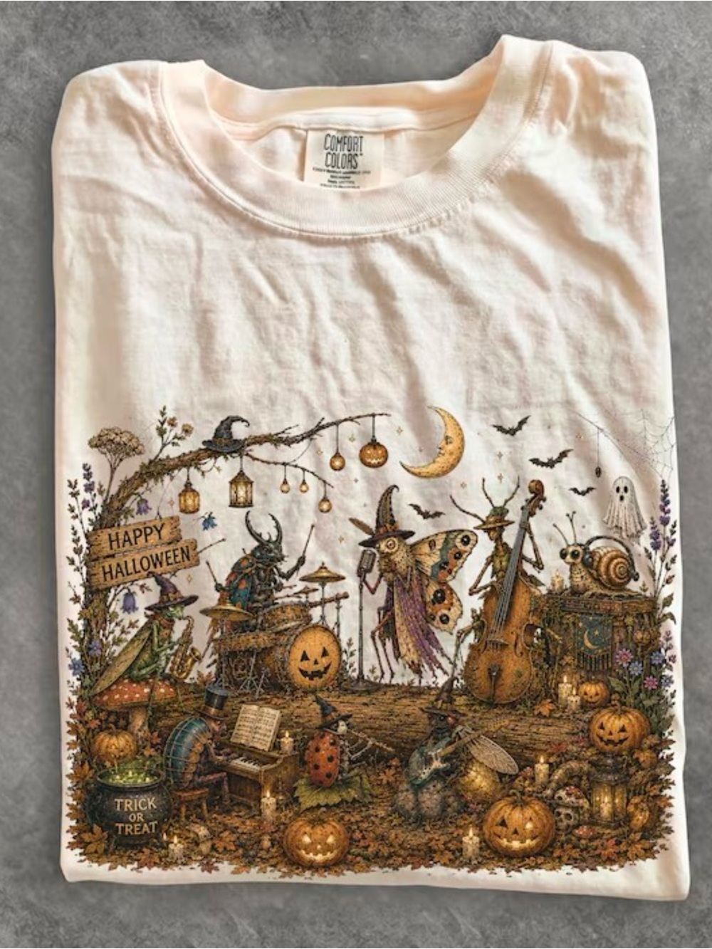 Comfort Colors Vintage Bug Band Happy Halloween Goblincore Cream Graphic Tee
